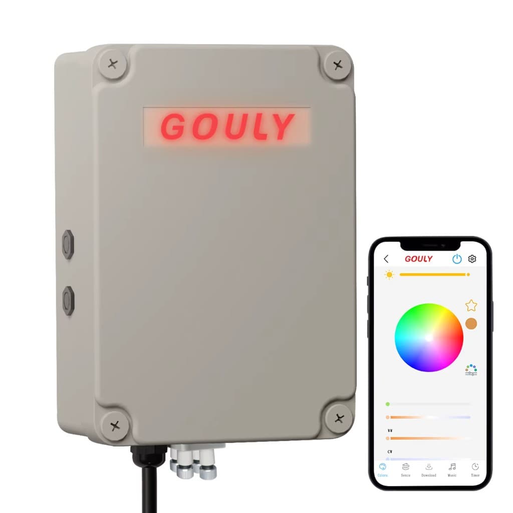GOULY certified outdoor control box with sealed enclosure and plug-and-play LED connectors beside a phone showing the GOULY app colour and white controls