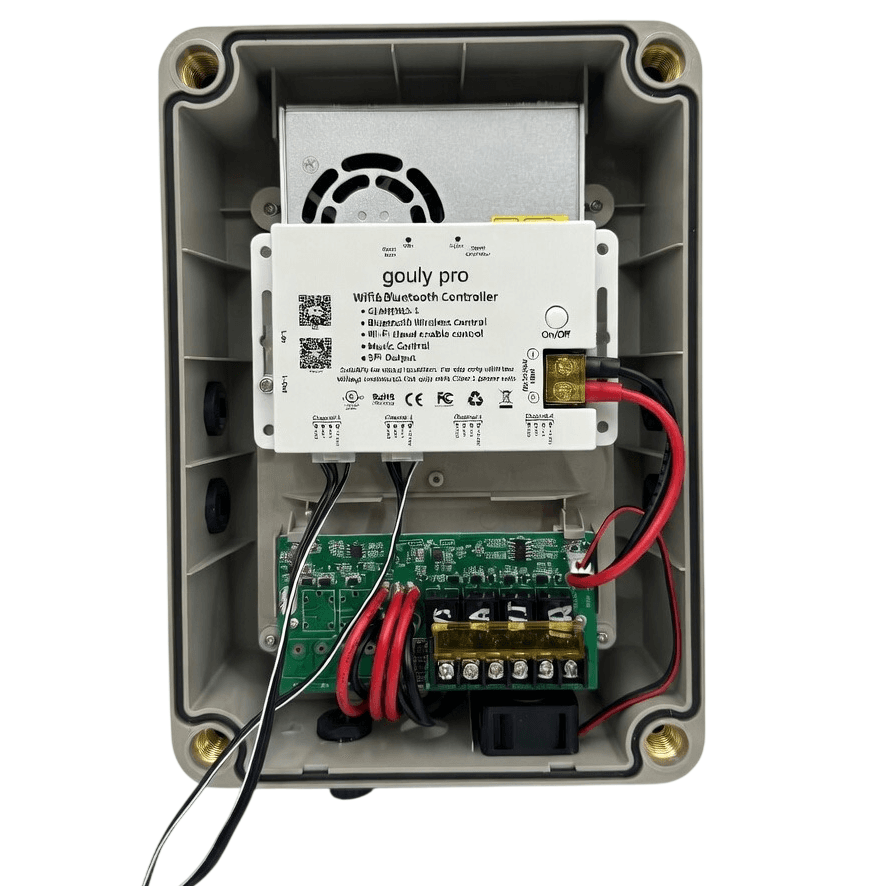GOULY certified control box showing UL listed controller, organized wiring, fuse board, and sealed IP68 enclosure
