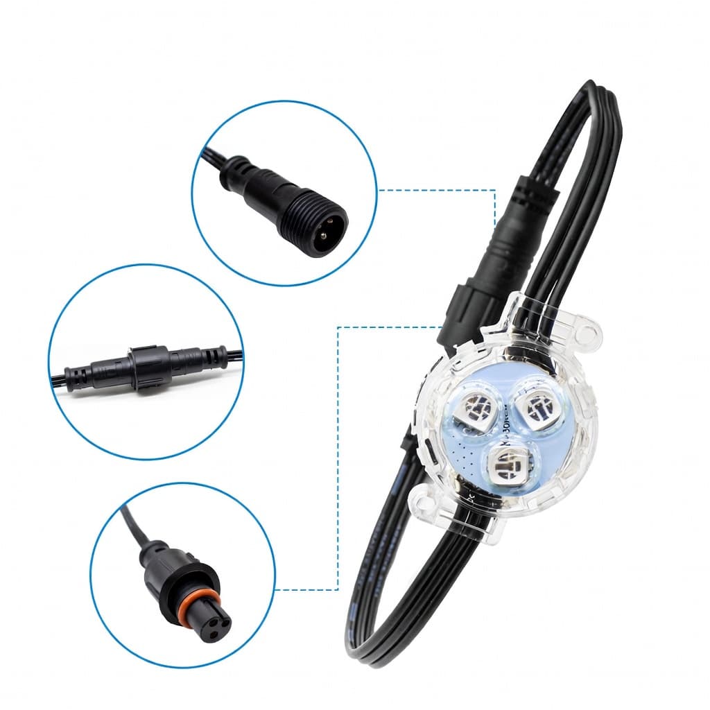 Singular LED node with ribbon cable: threaded waterproof connectors, mated pair, and close-up of the O-ring seal in the female connector.