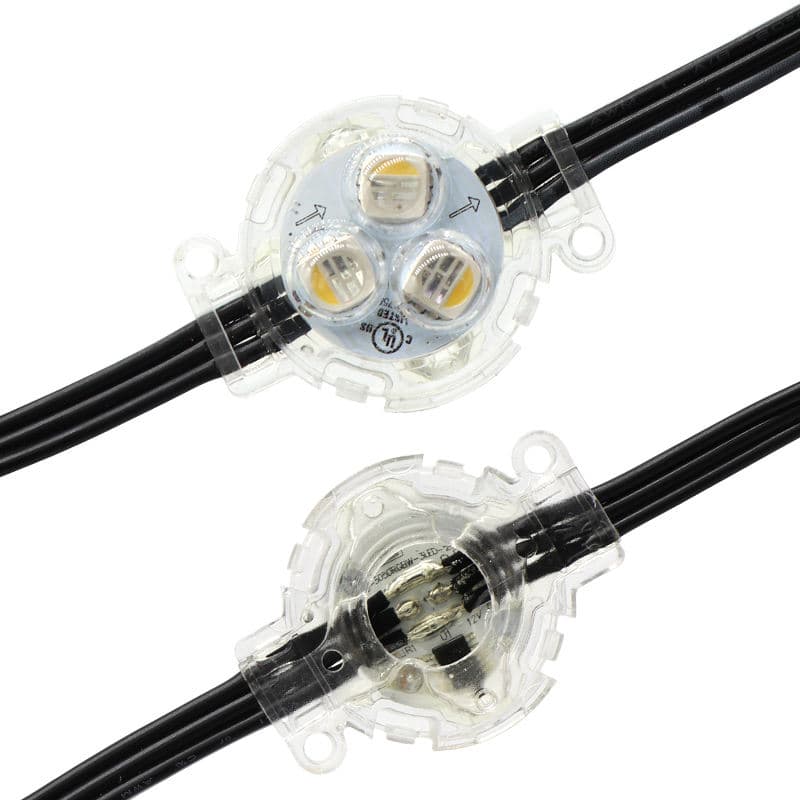Puck-style RGBW LED modules with clear housings, 5050 diodes, mounting tabs, and daisy chain ribbon cable