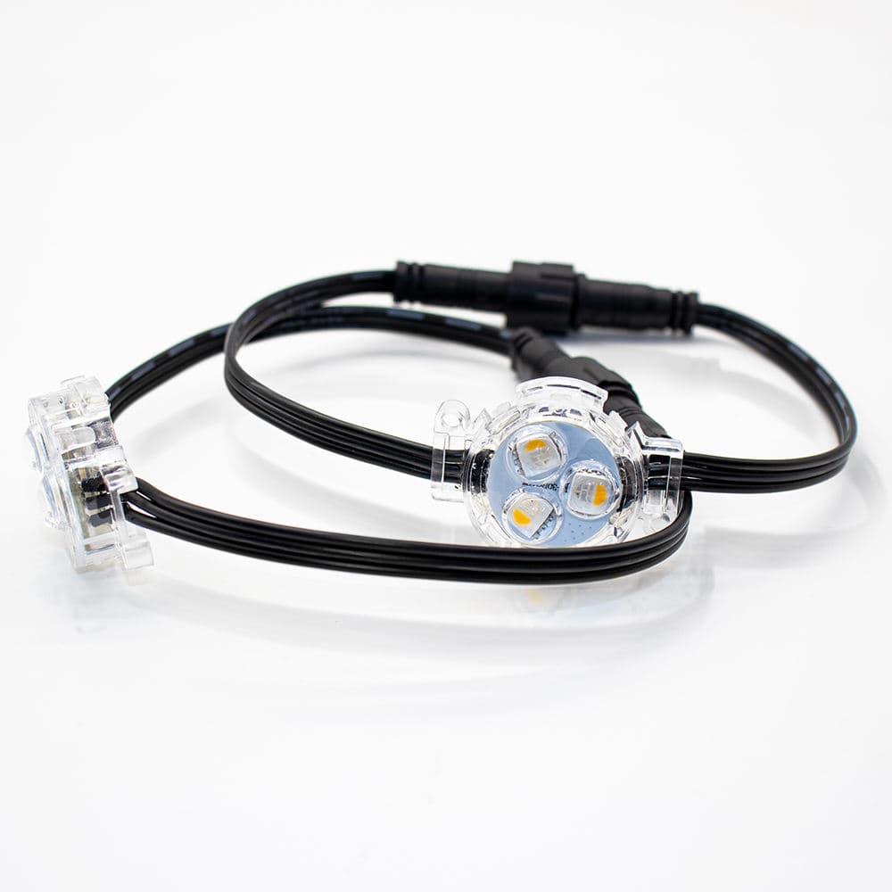 Two singular LED modules on a cable with a waterproof inline connector, clear housings, and snap in tabs for Hat Track