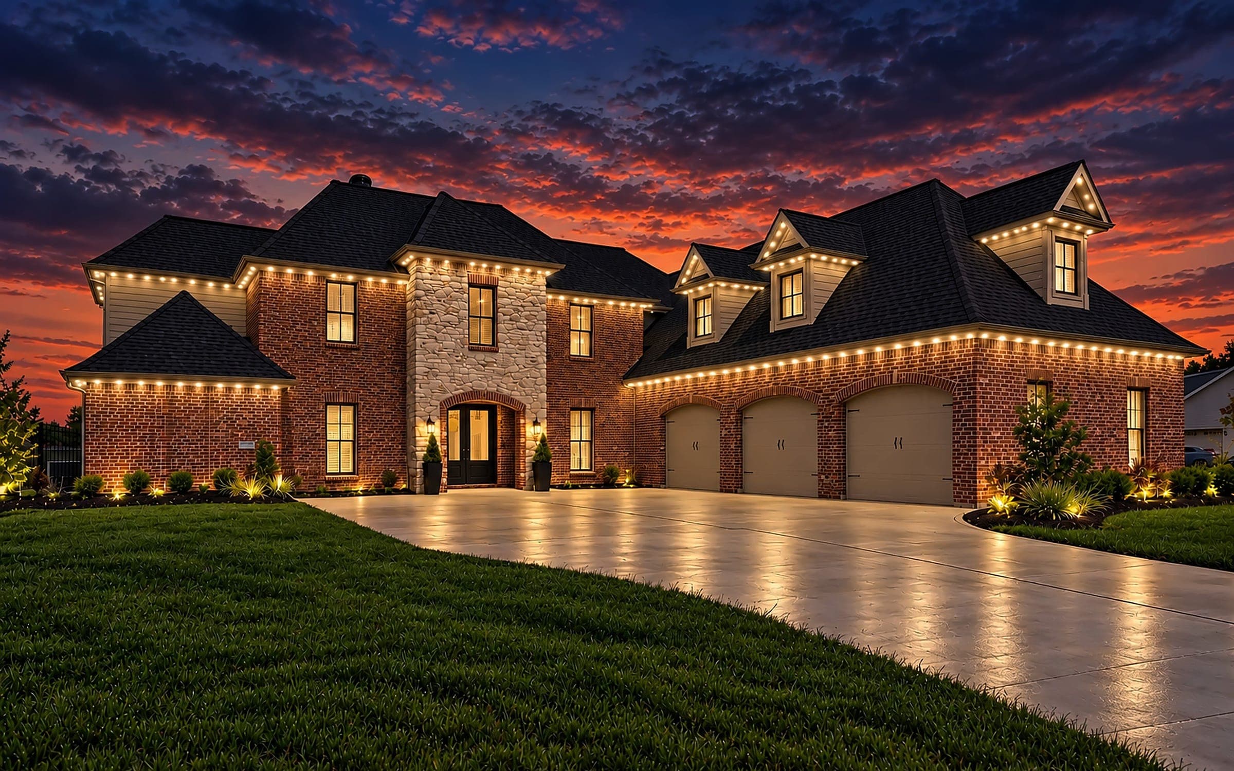 Brick home at sunset with warm white permanent lights on every roofline