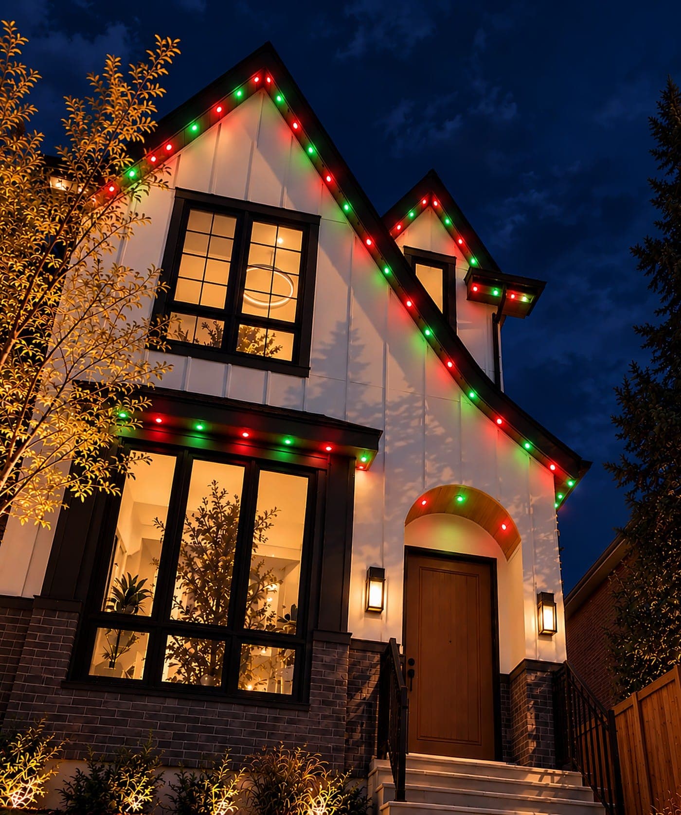 Gabled home at night with red, green and white permanent lights