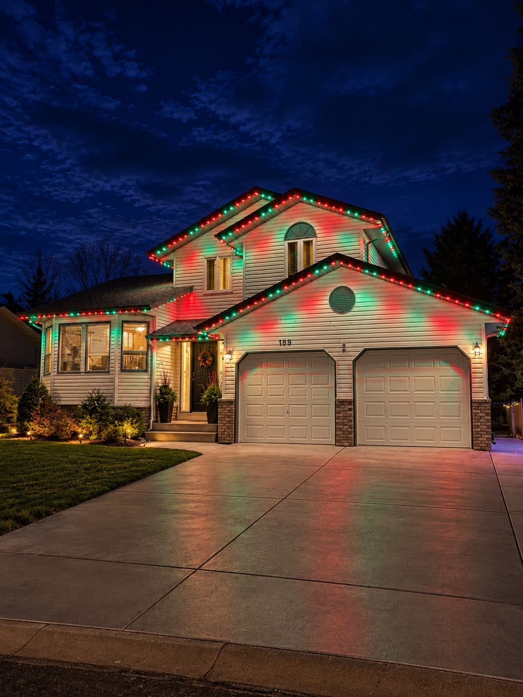 Two-storey home with red and green permanent lights along every roofline
