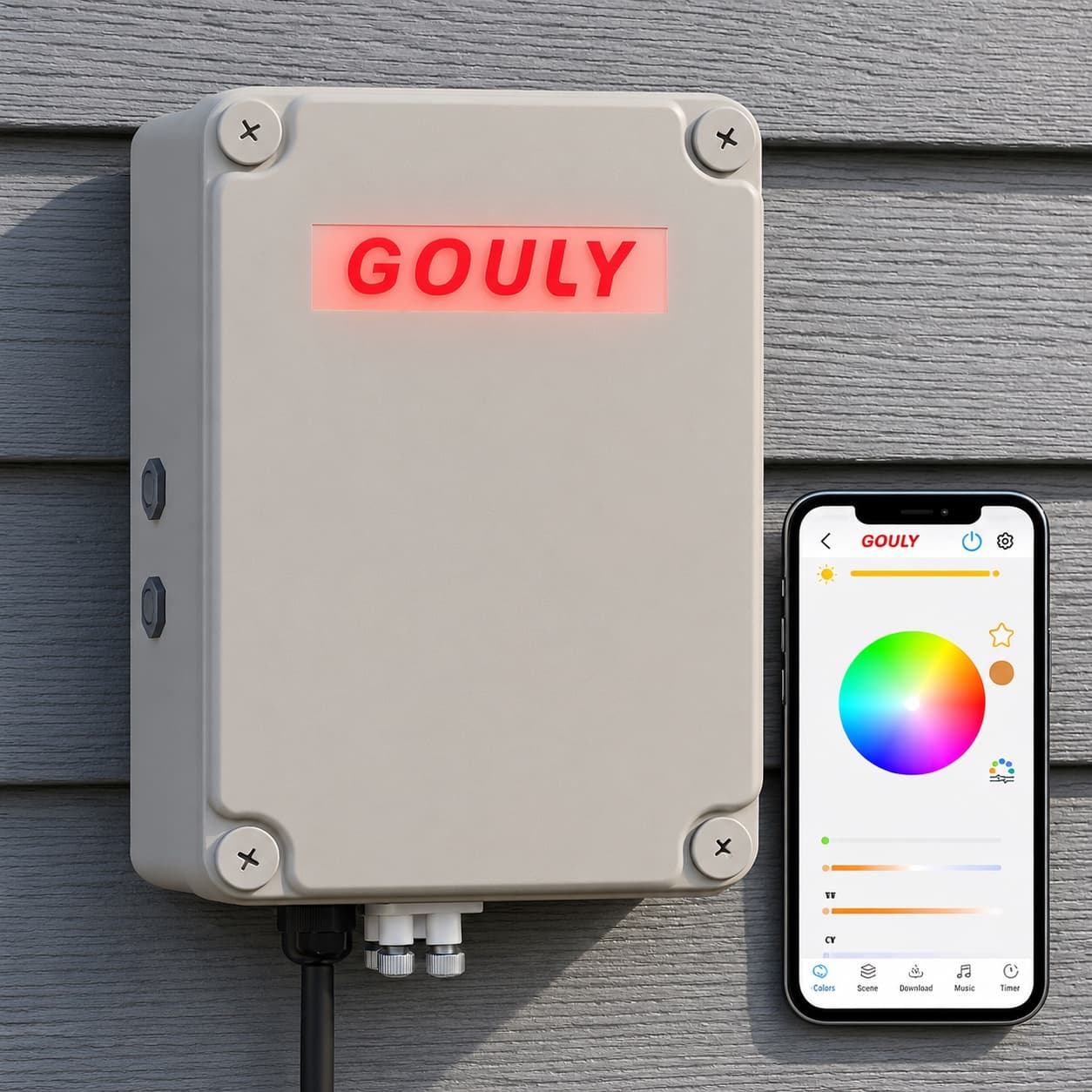 GOULY control box on siding beside the GOULY app on a phone