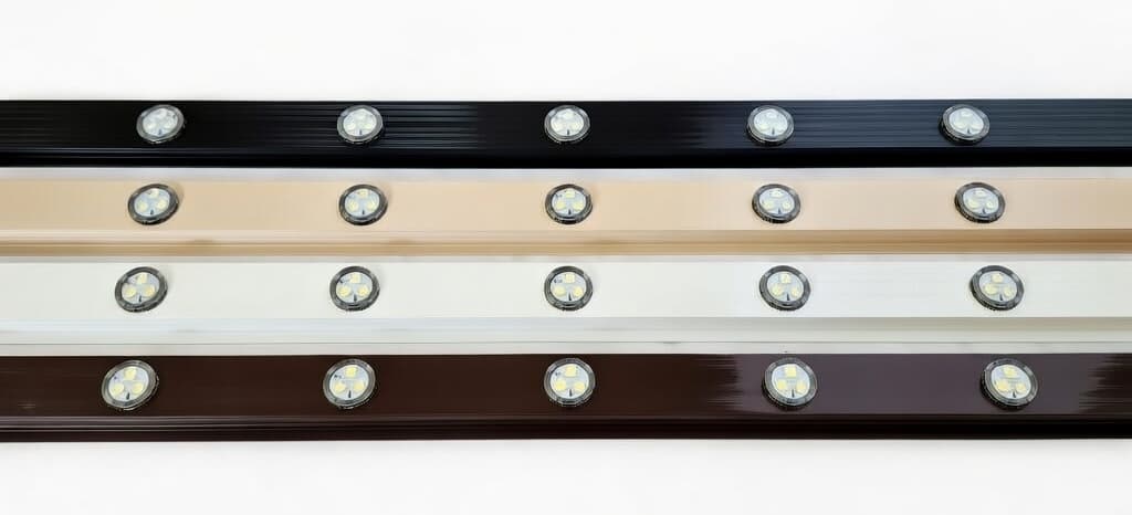 Colour matched Hat Track rails with integrated modules