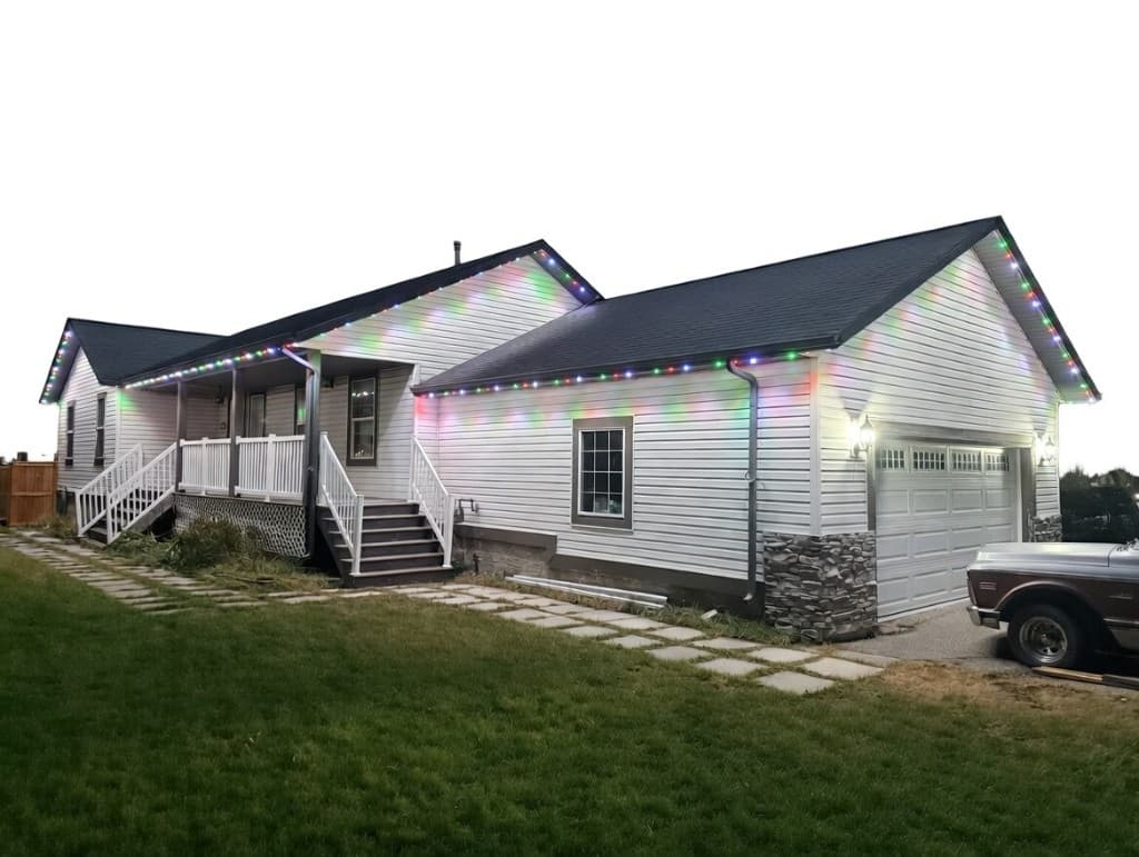 Single-storey home at dusk with permanent LED pucks along full roofline, gables, porch, and garage, showing a long continuous low-voltage run