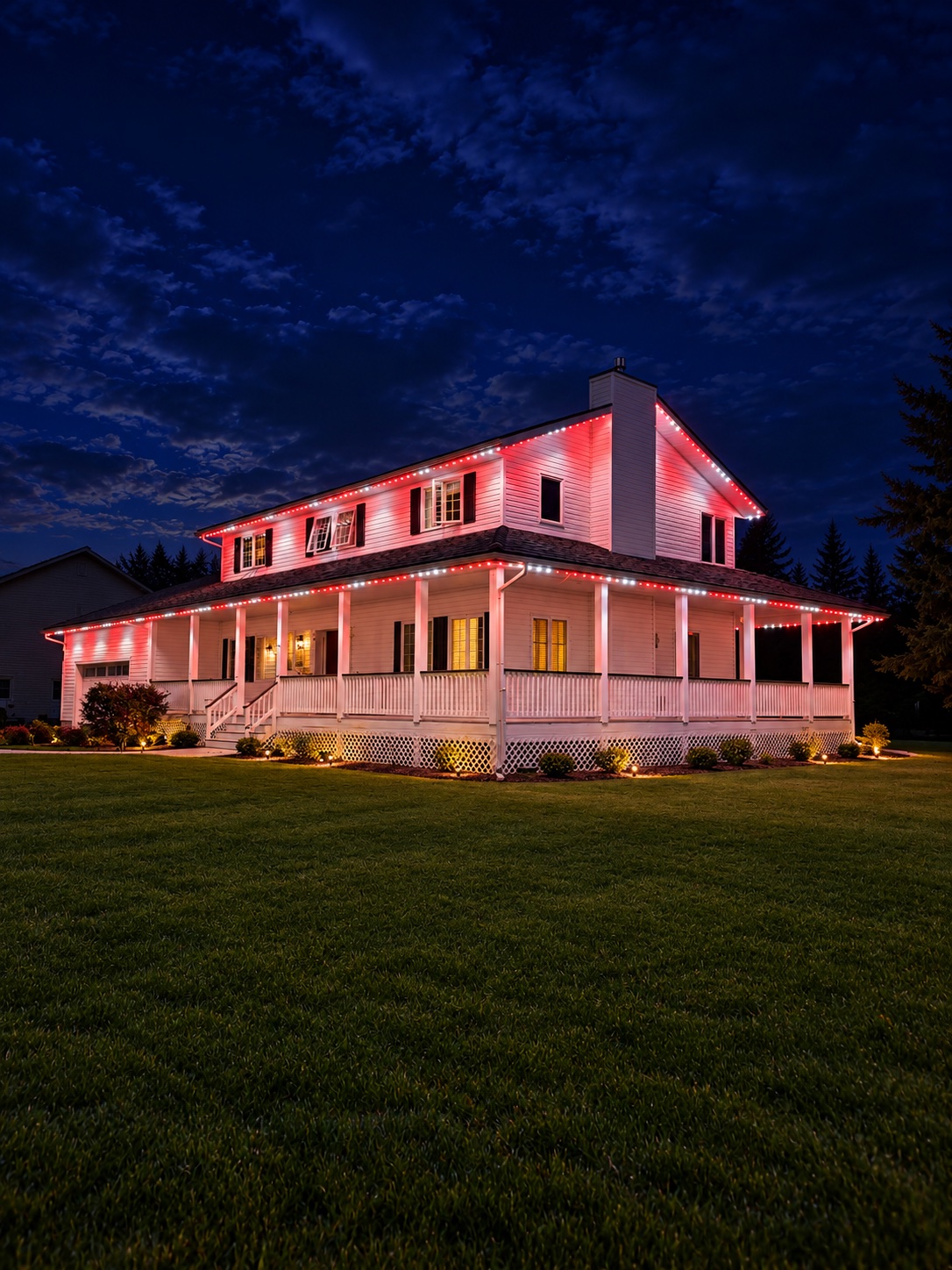 Farmhouse with red and white permanent lights along the roofline
