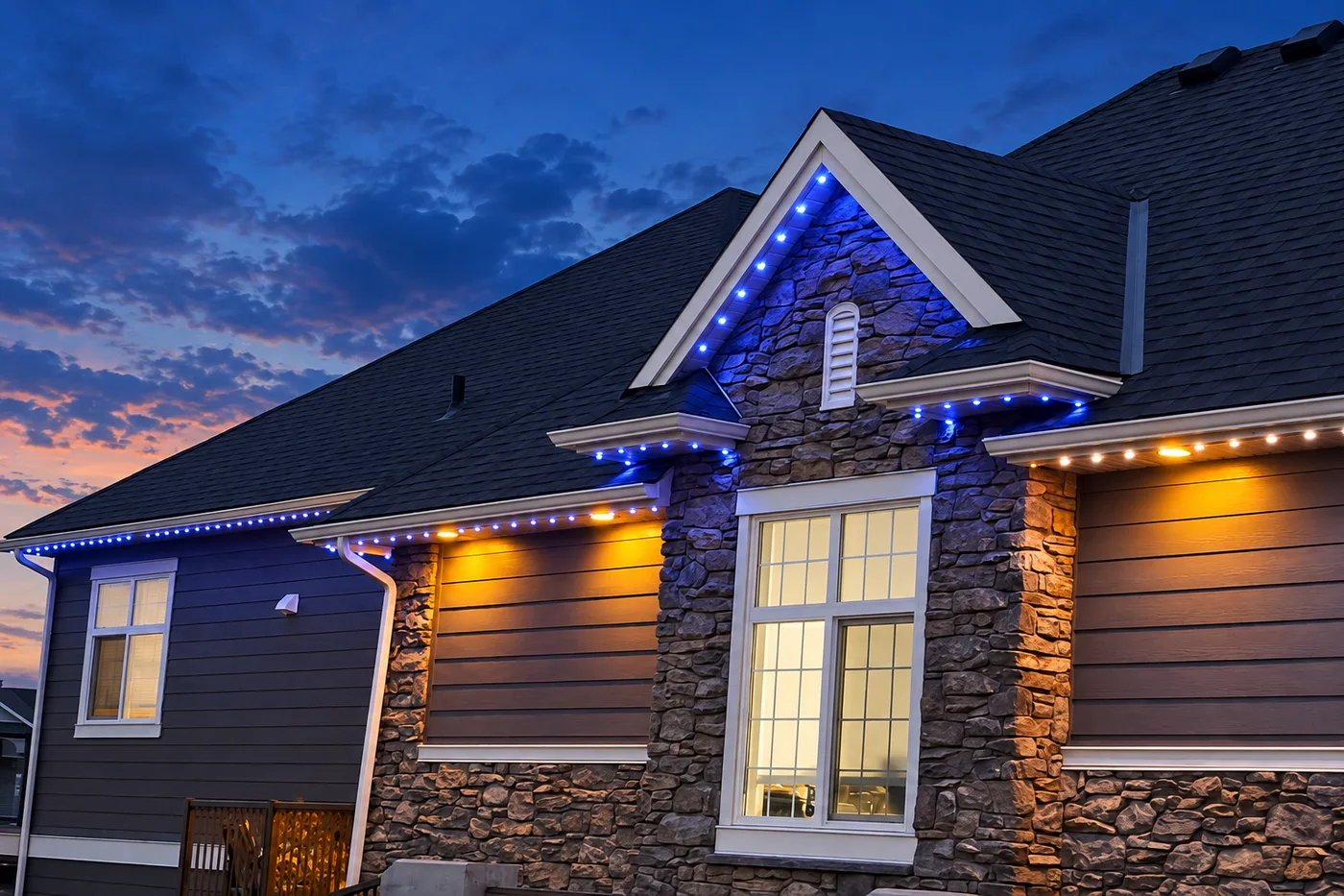 Home at dusk with blue permanent lights on the gable and warm amber lights under the eaves