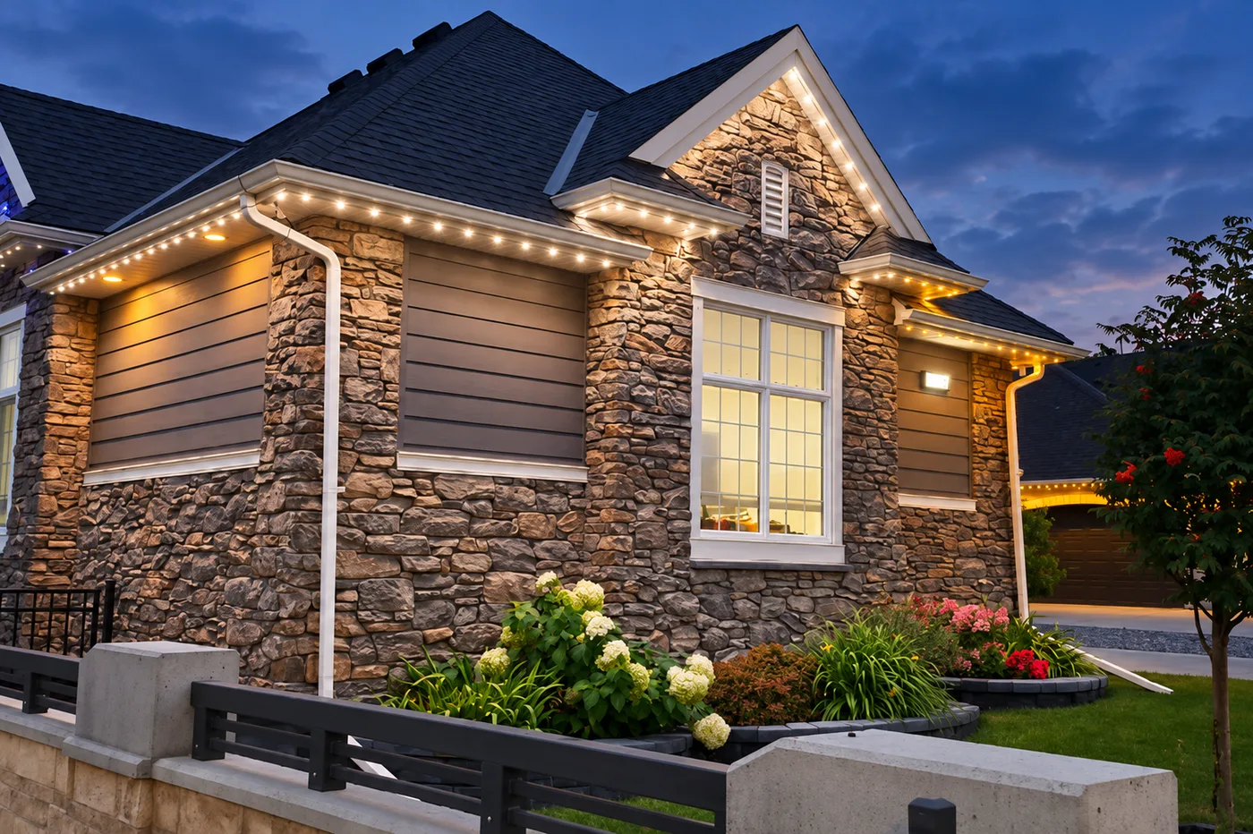 Front of a stone and siding home at dusk with warm white permanent lights on the roofline and gable