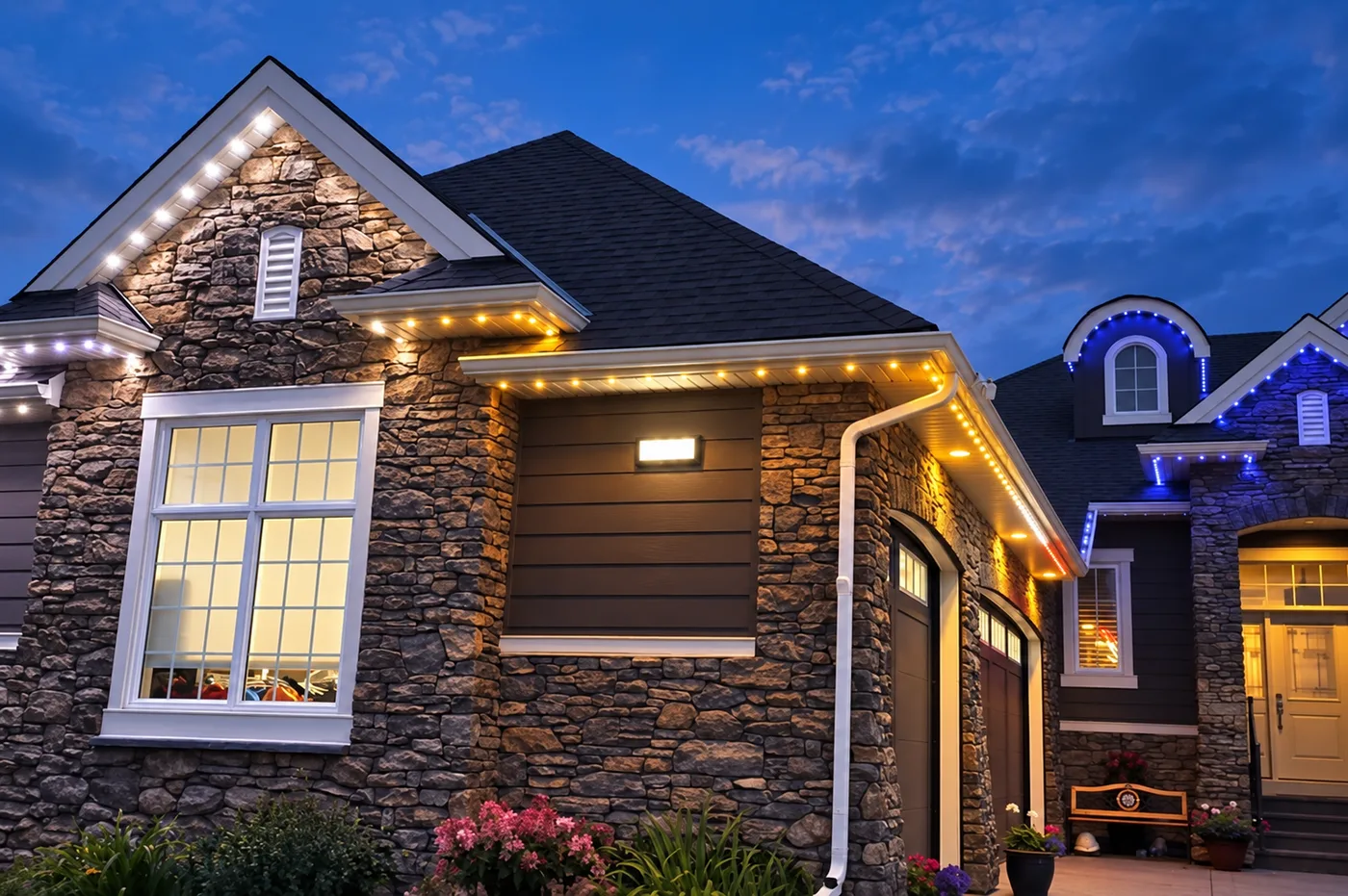 Stone gable at dusk with white permanent lights on the gable and warm amber lights under the eaves