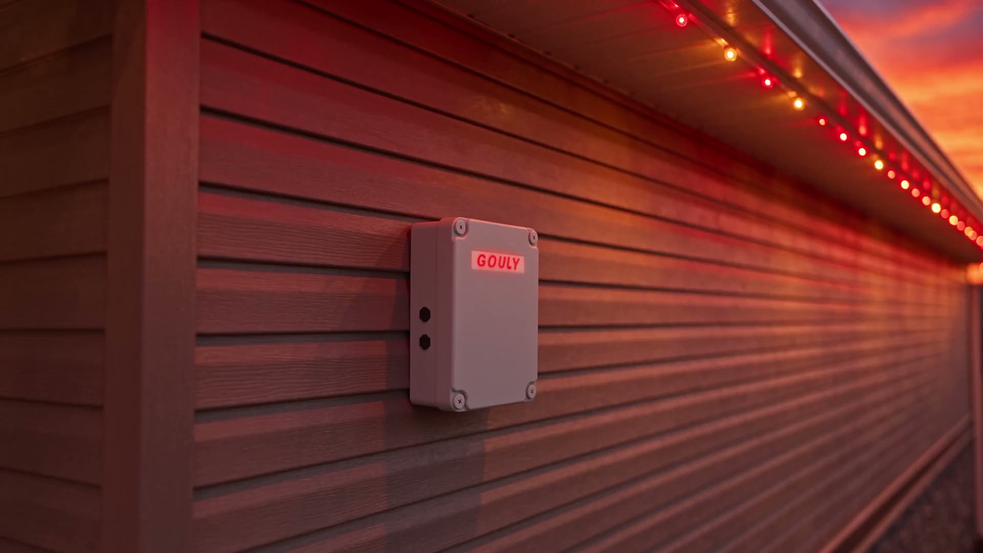 A GOULY control box mounted on red-lit siding under a lit roofline at sunset