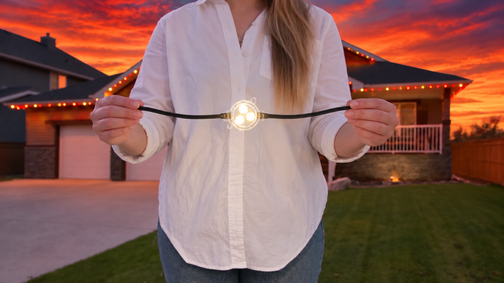 A single lit GOULY puck held up in front of a lit roofline at sunset